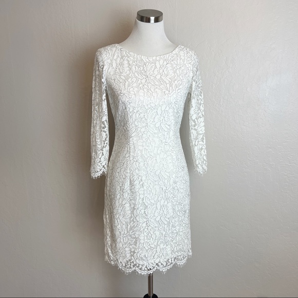 ✖️SOLD✖️•ADRIANNA PAPELL•White Formal Lace-Overlay Sheath Dress w/Metallic Sheen - Picture 2 of 15